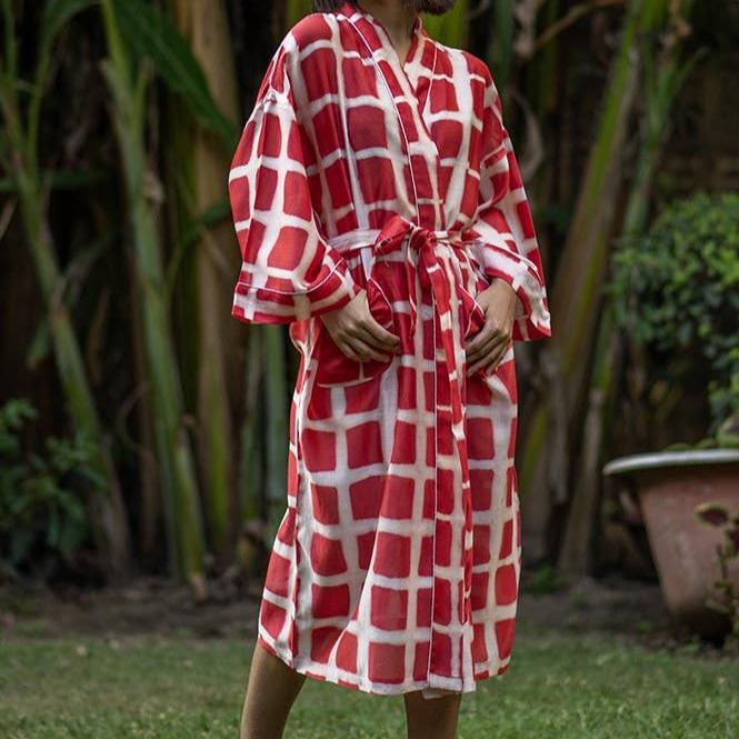 Red & White Squares Silk Kimono