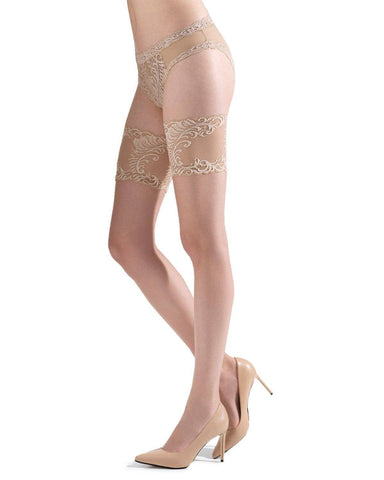 Natori Silky Sheer Lace Top Thigh High Stockings: S-M / Honey