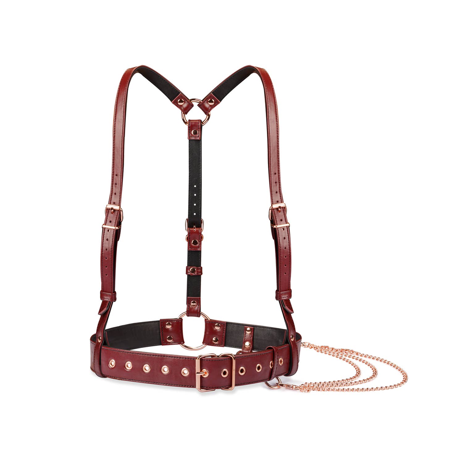 Wine Red Leather Body Harness with Rose Gold Hardware