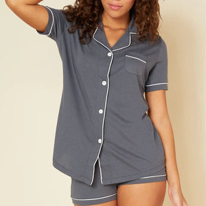 Bella Short Sleeve Top & Boxer Pajama Set - Grey/Ivory