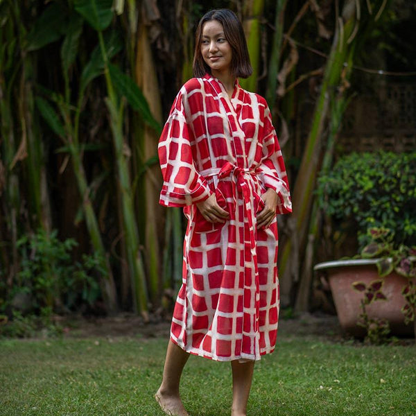 Red & White Squares Silk Kimono