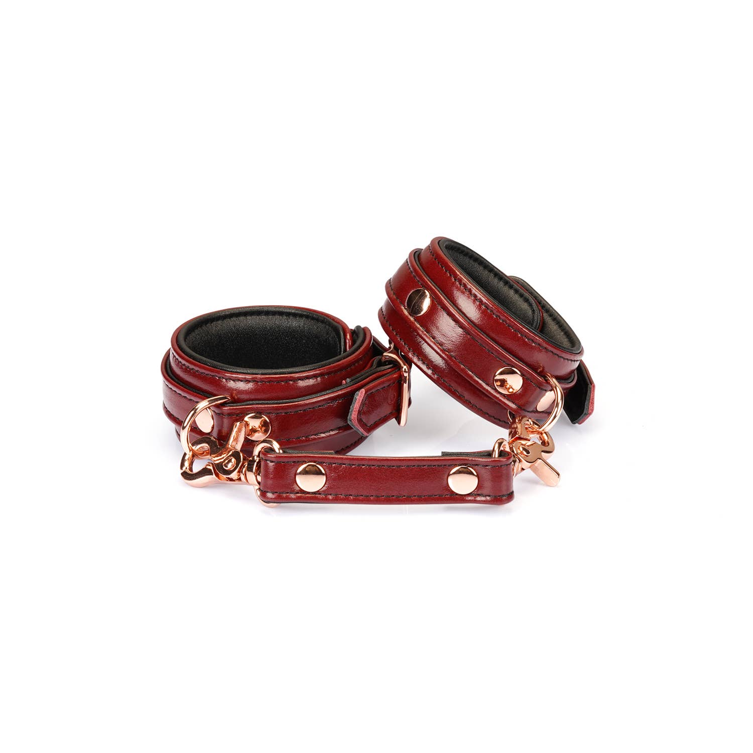 Wine Red Leather Narrow Handcuffs with Rose Gold Hardware