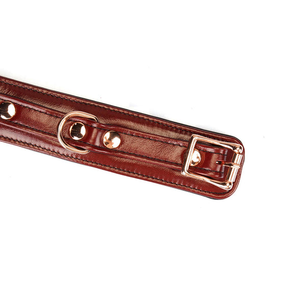 Wine Red Leather Narrow Handcuffs with Rose Gold Hardware