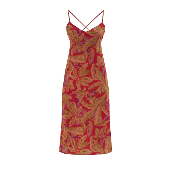 Artful, tropical print slip dress with thin straps cross-back detail, tied at the back, midi length.