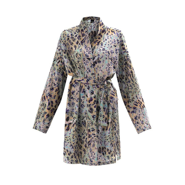 Knee length robe with tie at waist in multi-colored animal print.