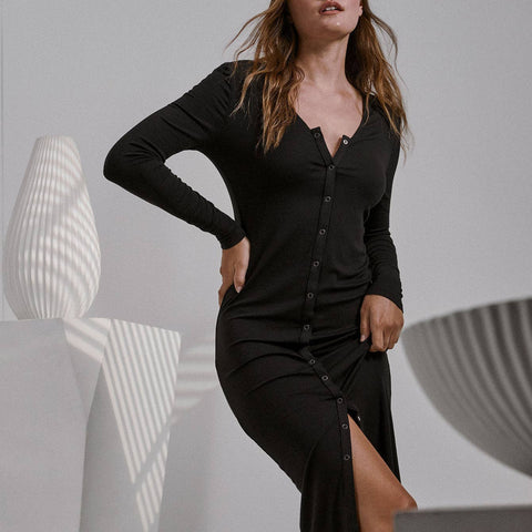 Soft Modal Rib Snap Front Long Sleeve Dress - Black